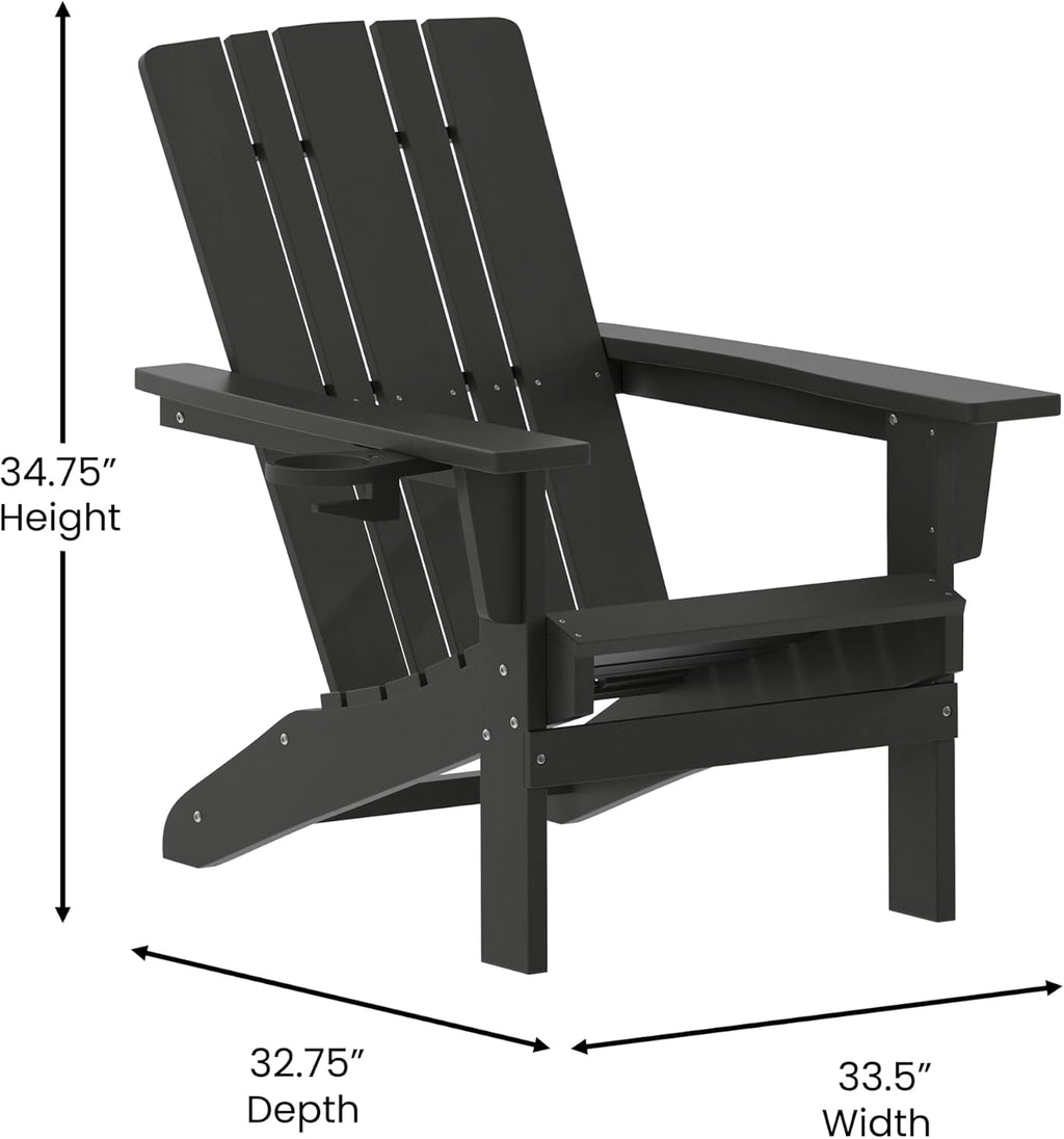 Flash Furniture Halifax Adirondack Chair with Cup Holder, Weather Resistant Poly Resin Adirondack Chair, Black