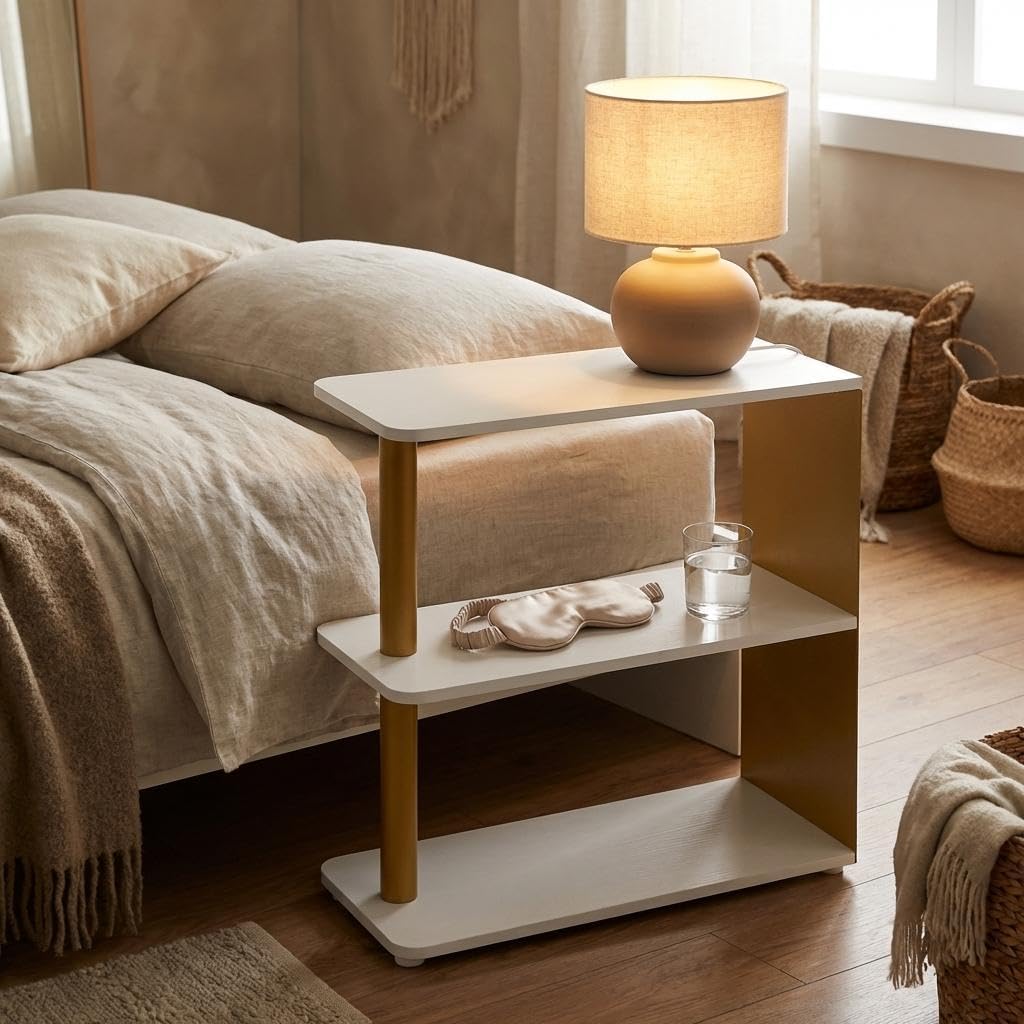 3-Tier Narrow End Table, Industrial Slim Side Table for Small Spaces, Sofa Couch Table Accent Nightstand with Storage Shelves for Living Room, Bedroom, Gold and White