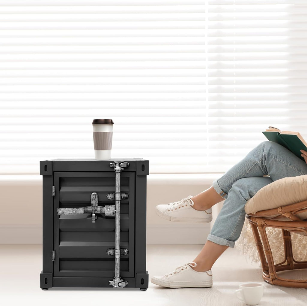 Side Table, Industrial Style Container Cabinet Iron Bedside Table with Combination Lock, Multifunctional Iron End Table Nightstand for Bedroom Living Room Storage Cabinet