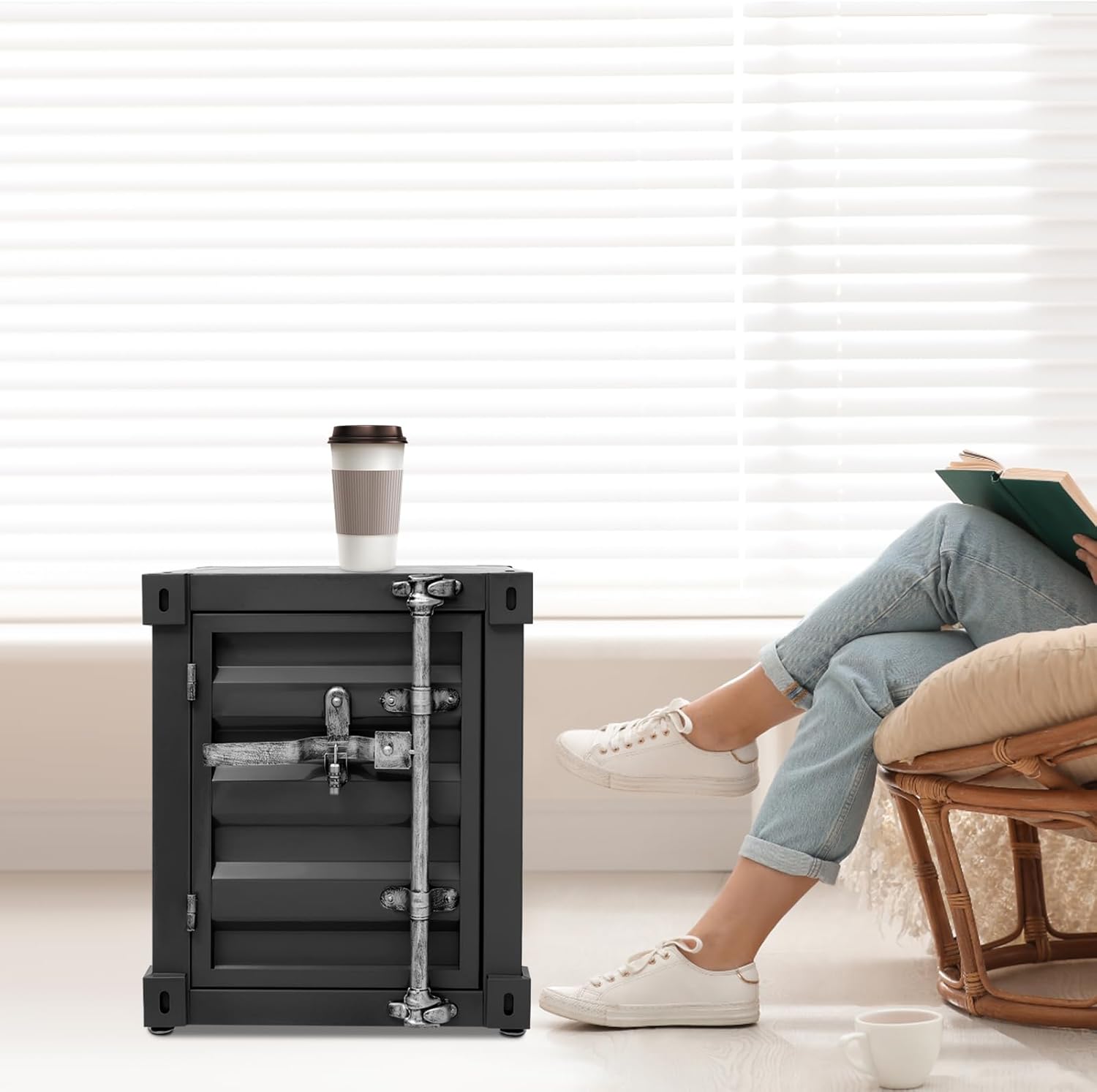 Side Table, Industrial Style Container Cabinet Iron Bedside Table with Combination Lock, Multifunctional Iron End Table Nightstand for Bedroom Living Room Storage Cabinet