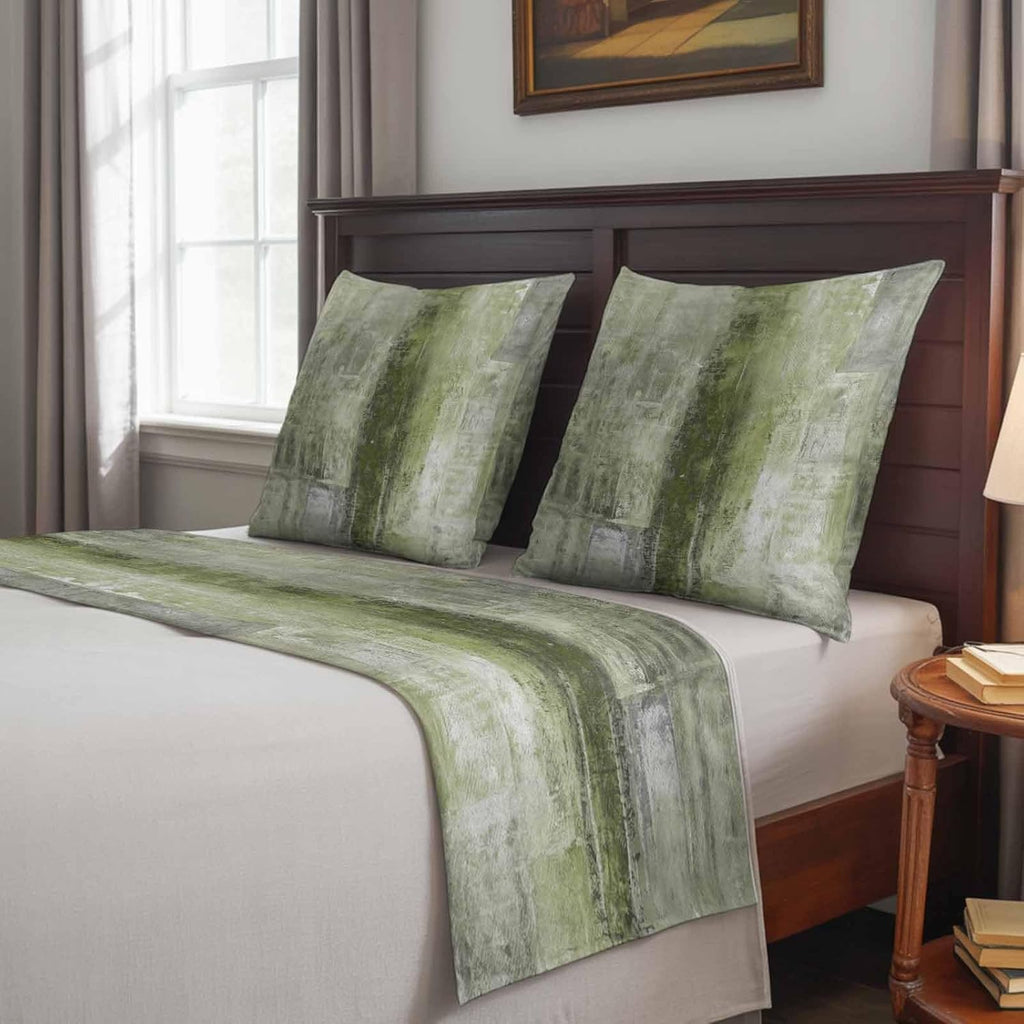 Bed Runner for King Size Bed, Sage Green Decorative Beds Runners and 2 Matching Pillow Covers Set, Retro Oil Painting Modern Abstract Art Aesthetics Beds Scarf Throw for Foot of Bedding Set for Hotel