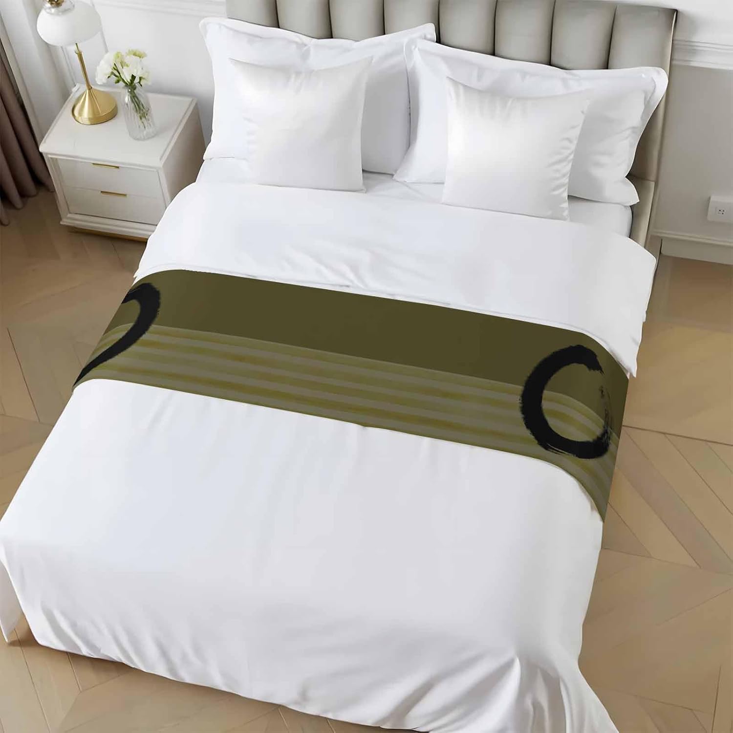 Bed Runner for King Size, Olive Green Striped Decorative Scarf Throws for Foot of Bed, Black Geometric Vintage Stripes Ombre Luxury Bedding Protector Slipcover Bedrunners for Hotel/Home, 94 x 20 Inch