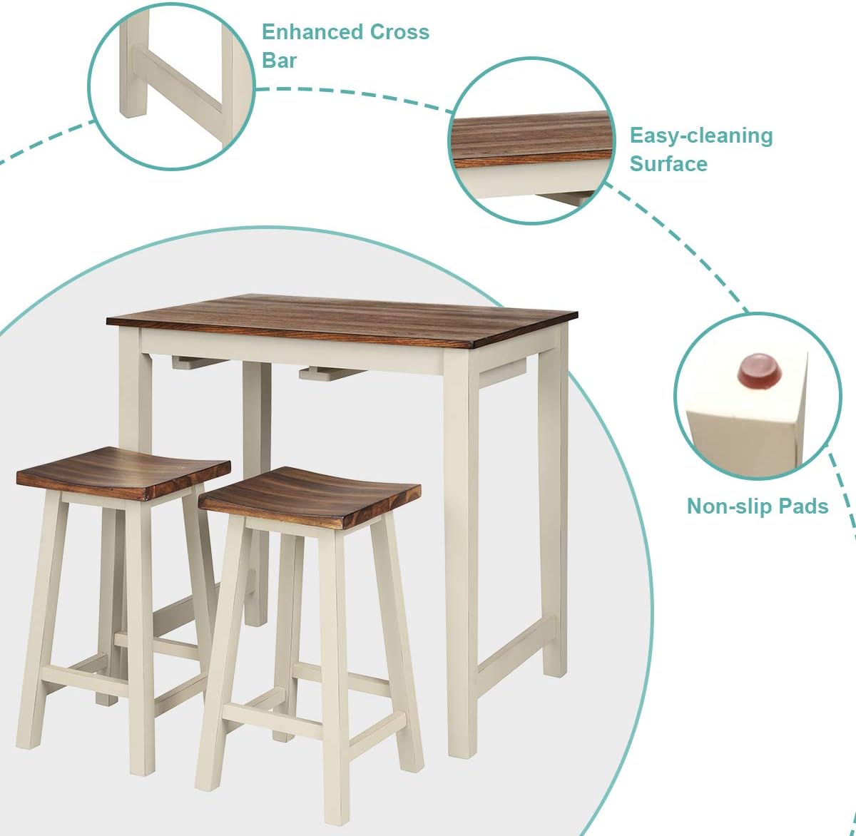 Giantex 3 Piece Pub Dining Set, Counter Height Pub Table with 2 Saddle Bar Stools, Tavern Collection Table Set for Living Room, Kitchen, Small Space (Brown & Milky White)