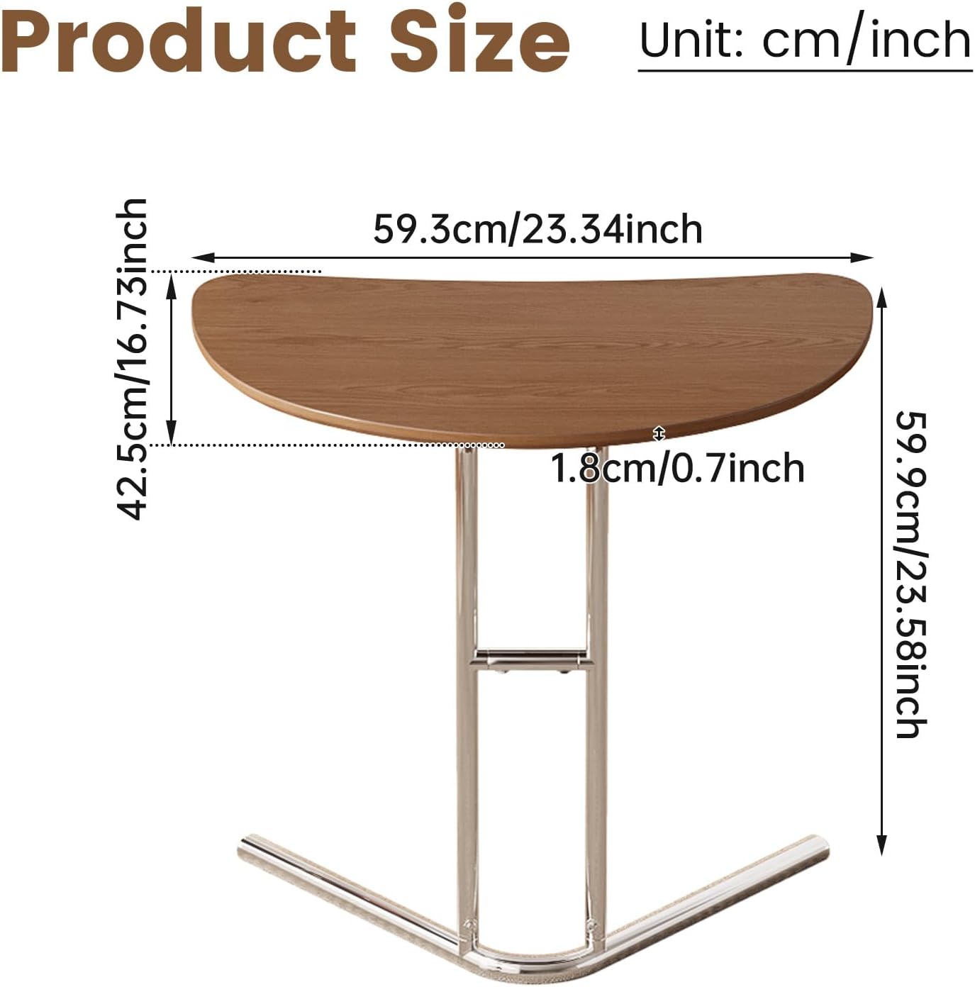 Half Round End Table, 24" Small Half-Moon Side Table for Small Spaces, Metal Frame Wood Accent C Table for Couch & Living Room, Easy Assembly, Walnut