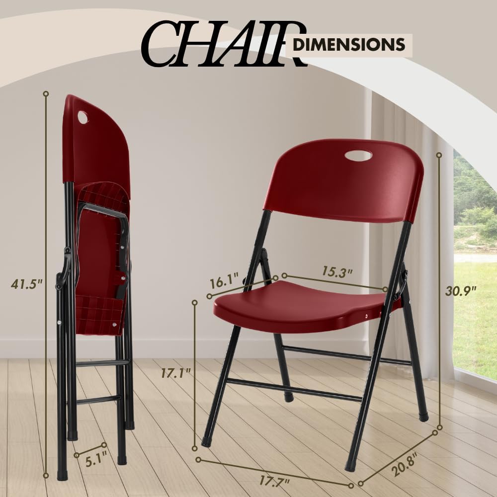 2-Pack Heavy Duty Plastic Folding Chair, 450 lbs Capacity Foldable Chairs for Indoor Outdoor, Stackable Portable Seating for Party, Wedding, Patio, Backyard, Office (Red)
