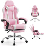 DUMOS Ergonomic Gaming Office Desk Chair with Footrest and Headrest for Adults, PU Leather Video Computer Chair with Linkage Armrests, Height Adjustable 360° Swivel Recling, White Pink