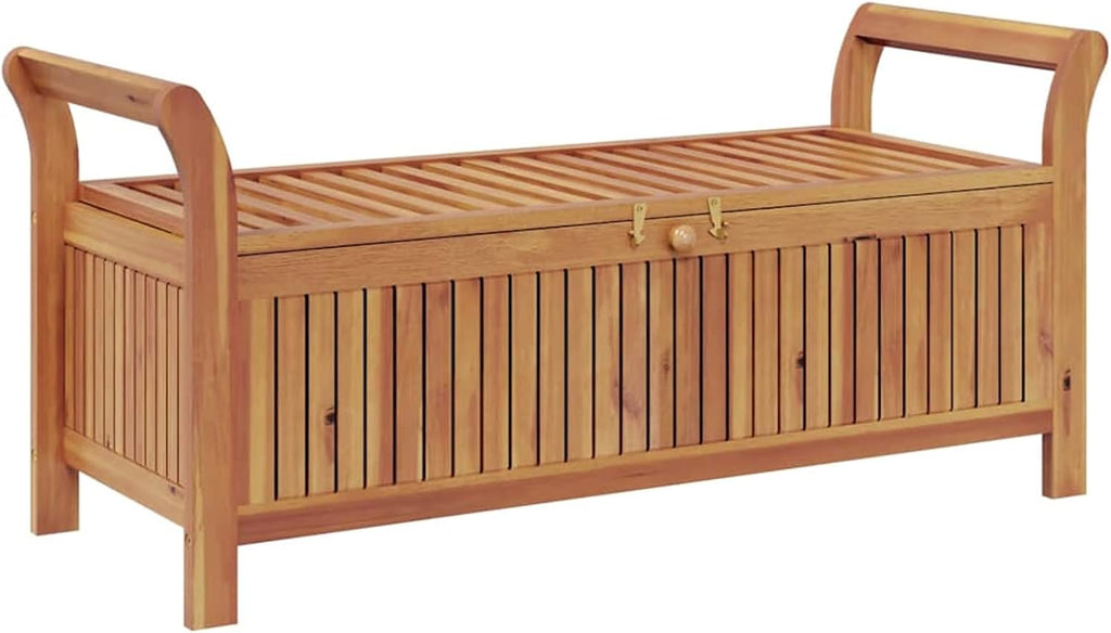 Gecheer Garden Storage Bench with Cushion 126 cm – Solid Acacia Wood Outdoor Storage Seat for Patio, Deck, or Yard
