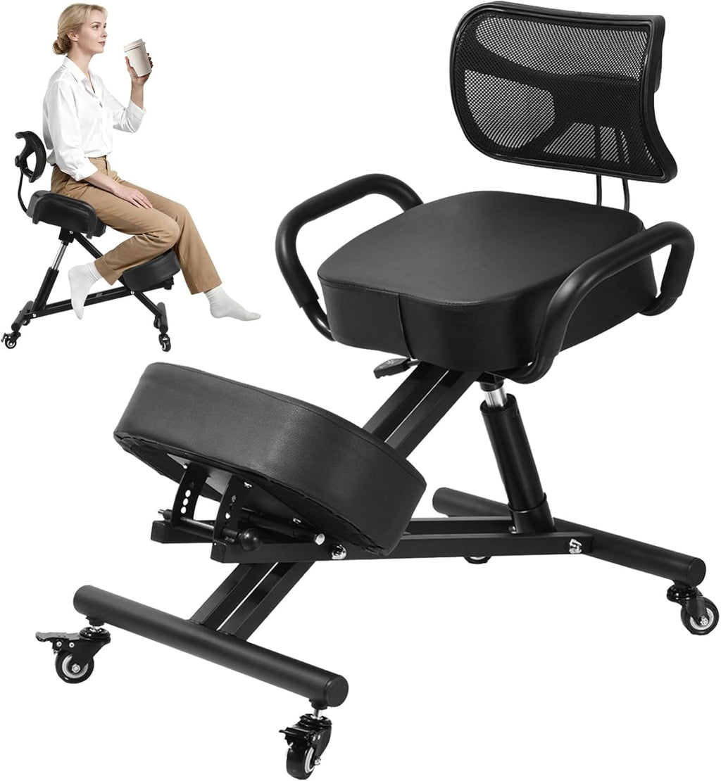 Ergonomic Kneeling Chair Height-Adjustable with Lockable Wheels & Armrests 220 Lbs Capacity Postures Chair with Back Support for Desk Home Meditation Black with Backrest