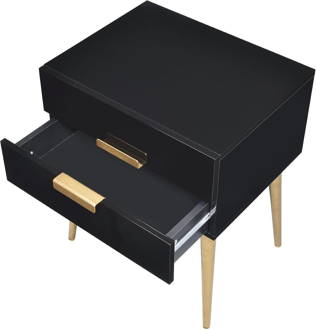Penau Black and Gold End Table, Rectangular High Gloss Engineered Wood Top, Metal Tapered Gold Legs, 2 Drawers Storage Nightstand, 16.00 x 20.00 x 24.00 Inchs