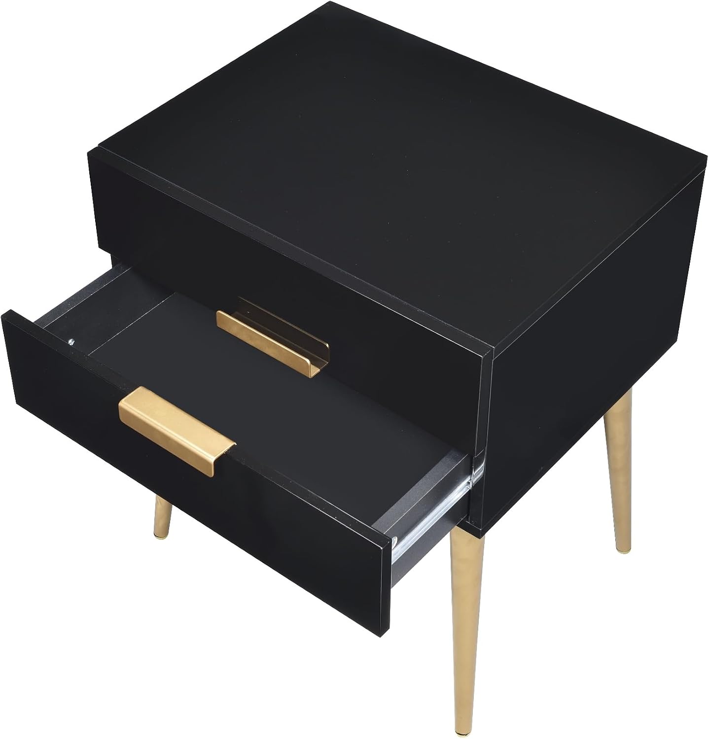 Penau Black and Gold End Table, Rectangular High Gloss Engineered Wood Top, Metal Tapered Gold Legs, 2 Drawers Storage Nightstand, 16.00 x 20.00 x 24.00 Inchs