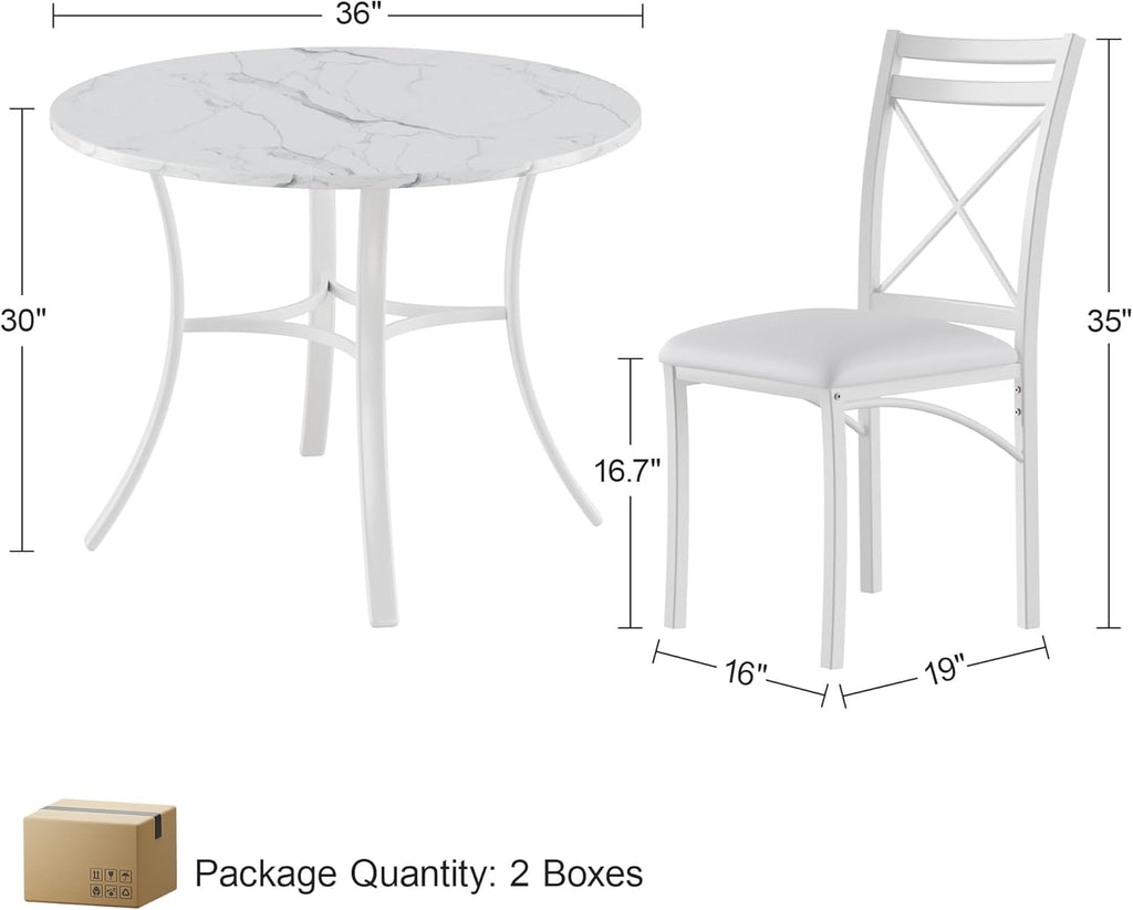 VECELO 5 Piece Dining Table Set for 4 with Chairs, Faux Marble Tabletop, Small Space, Kitchen, Breakfast Nook, White