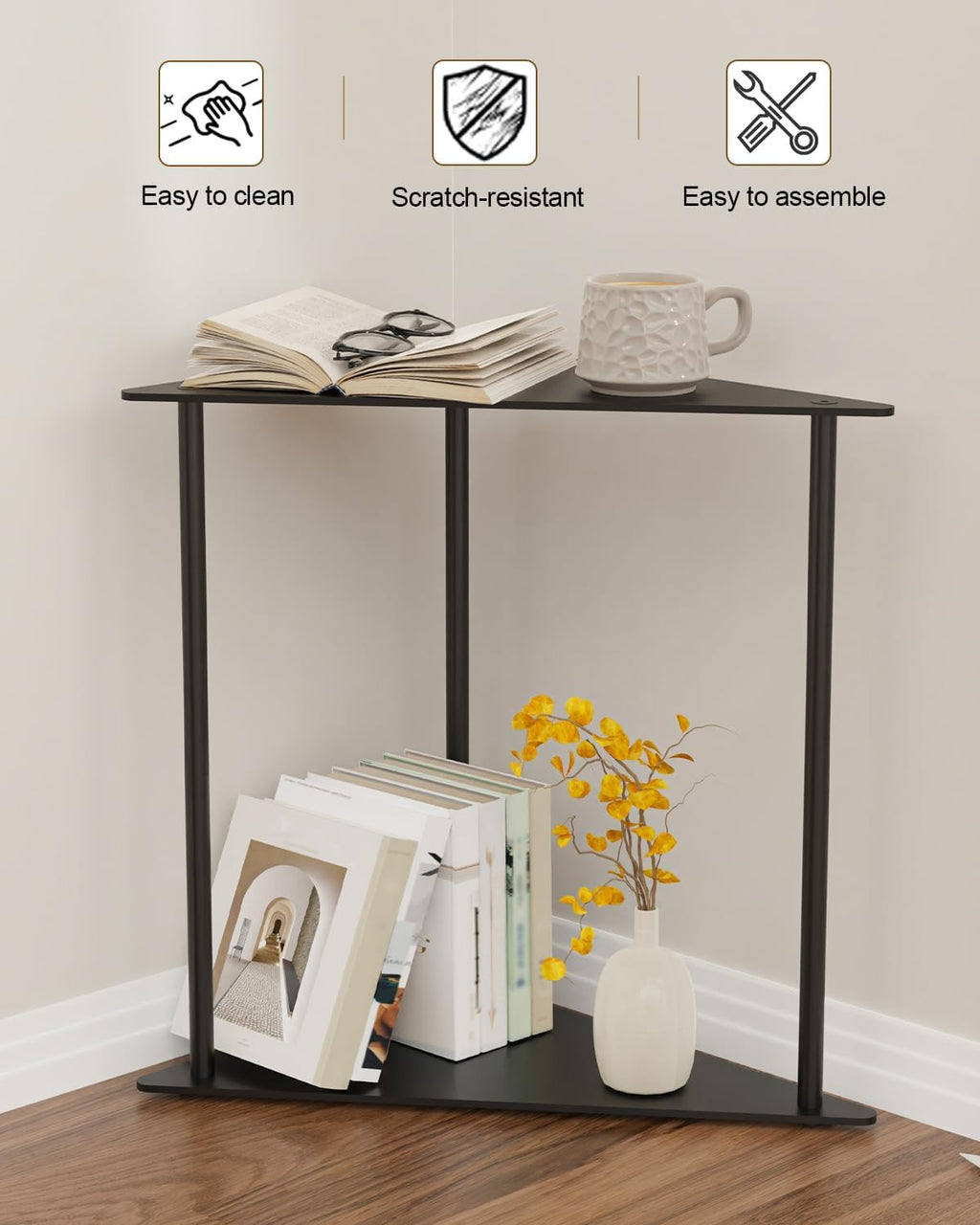 Yawinhe Metal Side Table,Triangle End Table with 2-Tier Storage Shelves,Triangular Nightstand Bedside Table for Small Spaces,Small Triangle Coffee Table for Living Rooms,Bedrooms,Black, SZJ202B-1