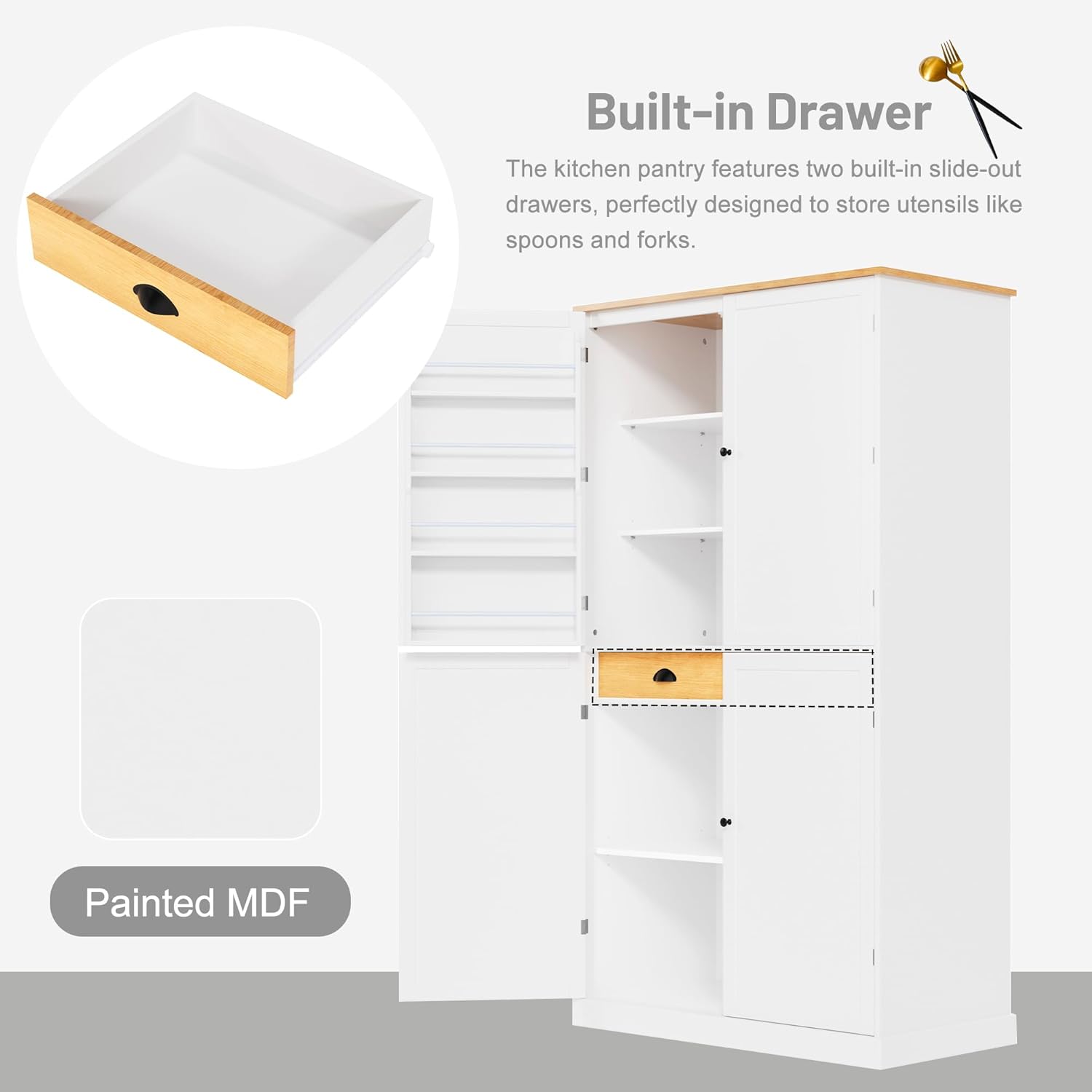 LUMISOL Kitchen Pantry Sideboard, 71.3” High Freestanding Large Cupboard Storage Cabinet with 2 Drawers, 2 Adjustable Shelves, 8 Door Shelves for Kitchen, Dining Room, White