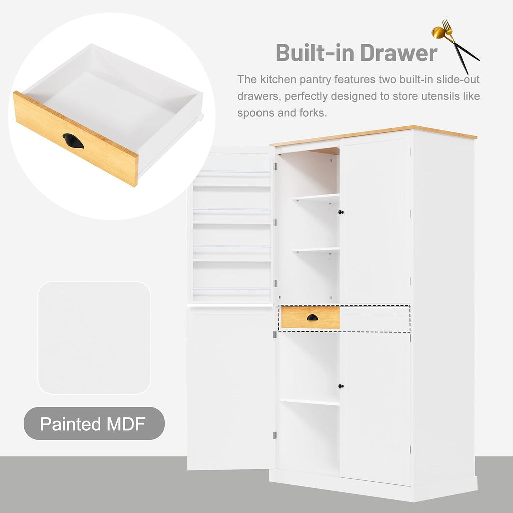 Spaco 71.3" Kitchen Pantry Cabinet,Freestanding Food Storage Cabinet with 2 Drawers and 8 Door Shelves,Versatile Buffet Sideboard for Kitchen,Dining Room. (White)