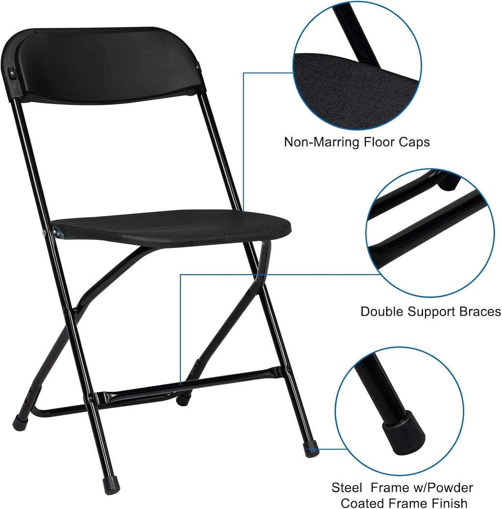 Black Plastic Folding Chairs | Steel Frame, 350 lbs Capacity, Indoor/Outdoor, Set of 4