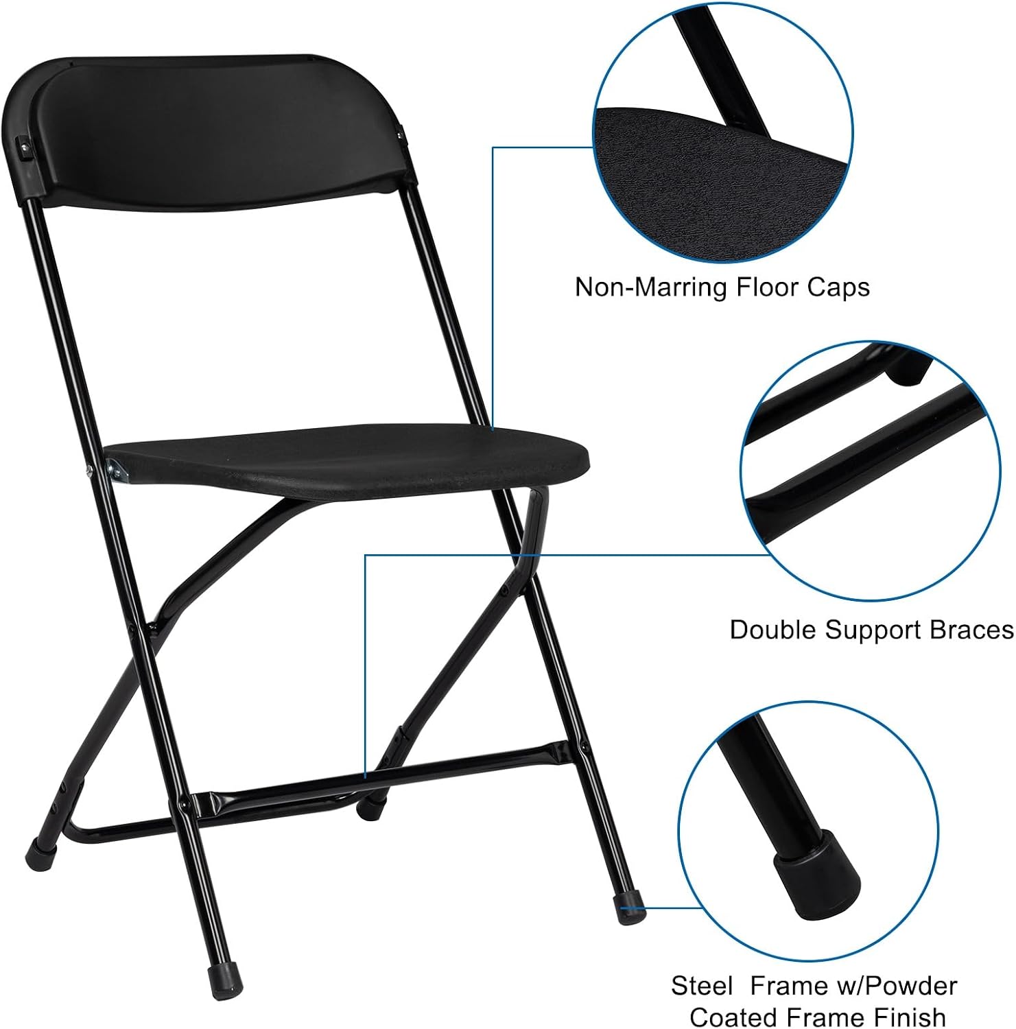 Black Plastic Folding Chairs | Steel Frame, 350 lbs Capacity, Indoor/Outdoor, Set of 4