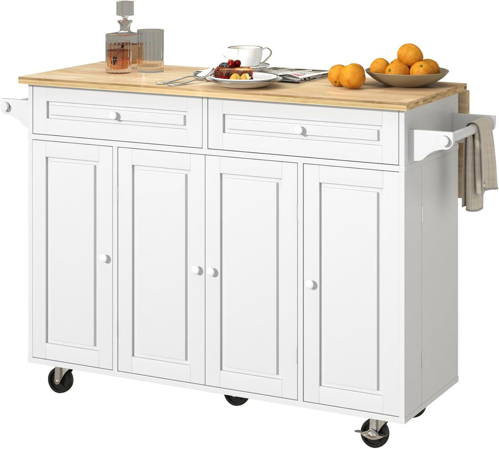 Squireewo 55" Kitchen Cart with Wood Top and Drop Leaf Breakfast Bar, Rolling Mobile Kitchen Island Table on Wheels with Drawer and Storage Cabinet, Spice Rack, Towel Rack, White