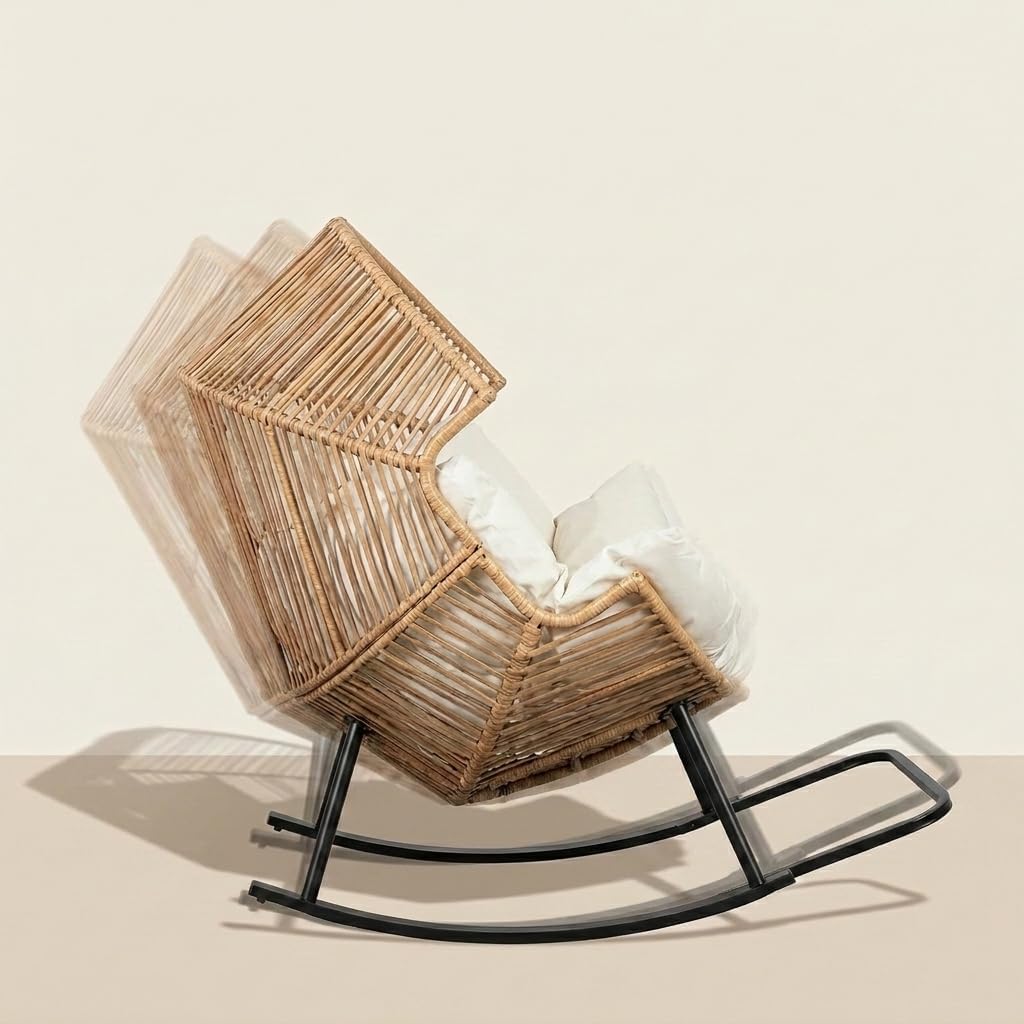 Oversized Outdoor Rocking Chair, Wicker Egg Patio Lounge Chair Basket Seat with Thick Cushion, All Weather Indoor Outdoor Porch Rockers for Balcony, Living Room, Lawn Garden