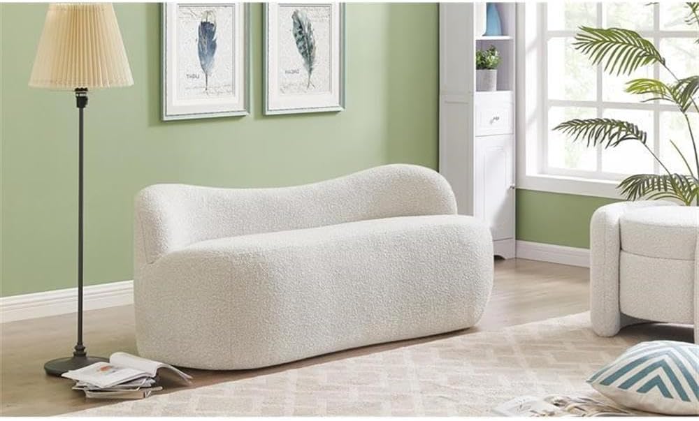 Meridian Furniture 119Cream Flair Collection Modern | Contemporary Boucle Fabric Upholstered Bench with Curved Back Design, Cream, 62" W x 23" D x 24" H