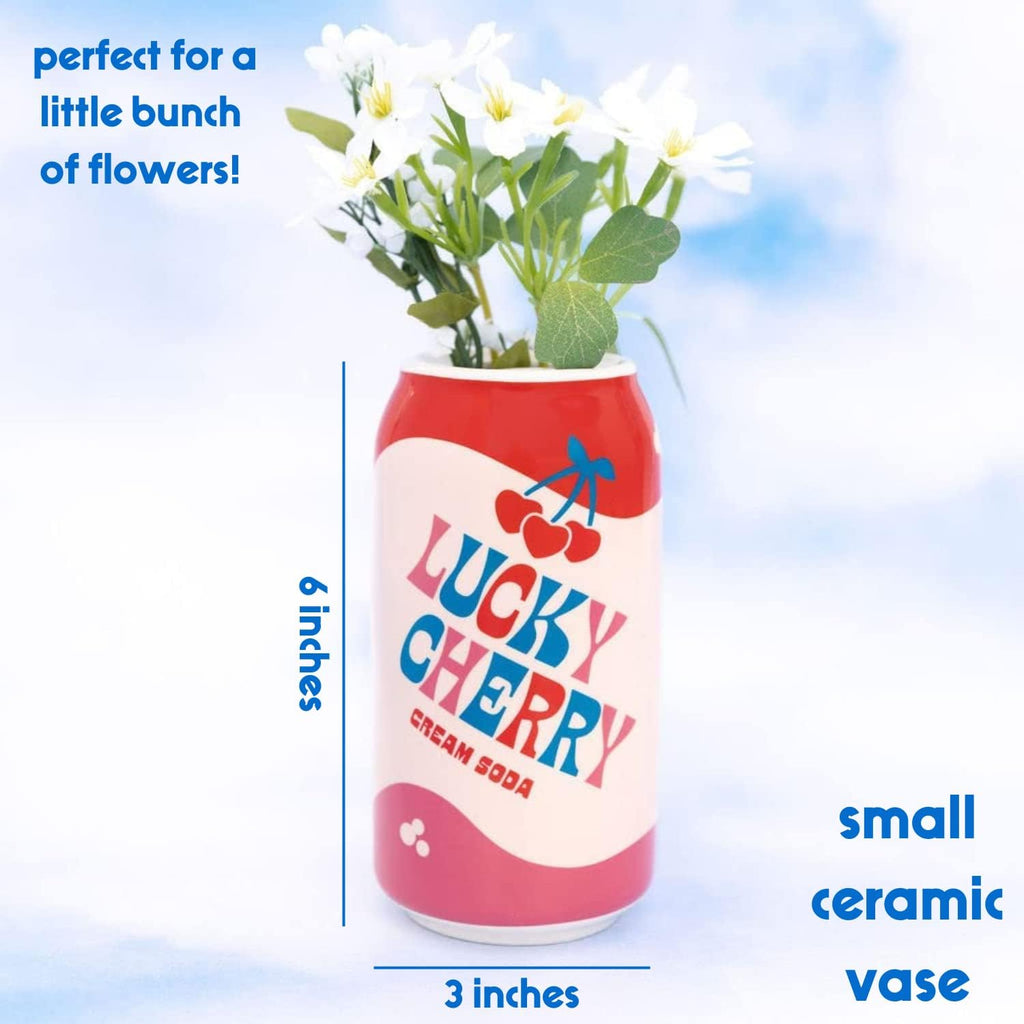 ban.do Small Ceramic Vase, Lucky Cherry Cream Soda Can | Petite and Colorful Retro Inspired Flower Vase or Shelf Decor for Aesthetic Food Theme Home Decor