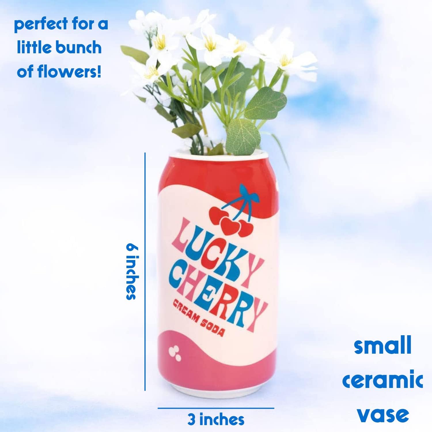 ban.do Small Ceramic Vase, Lucky Cherry Cream Soda Can | Petite and Colorful Retro Inspired Flower Vase or Shelf Decor for Aesthetic Food Theme Home Decor