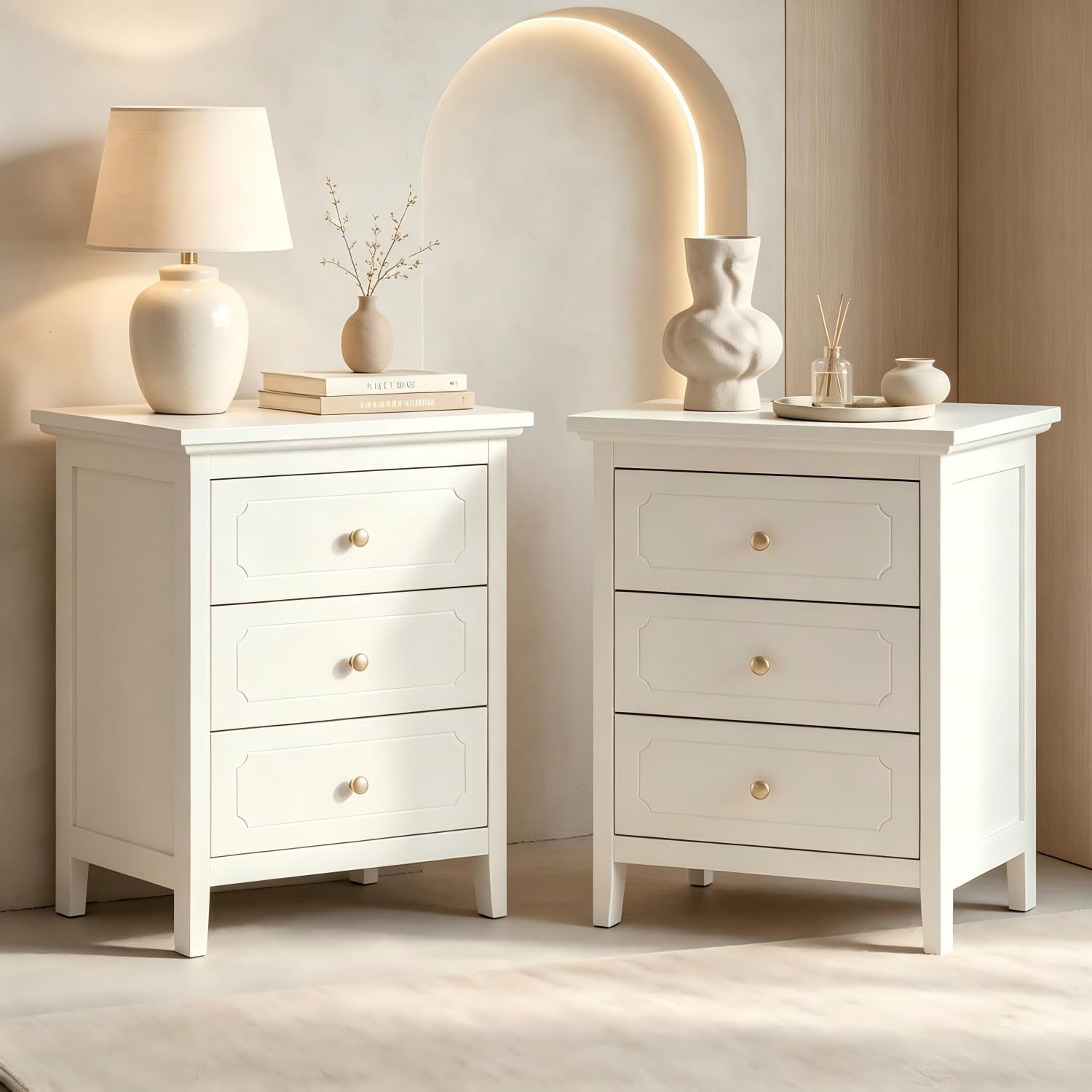HOPUBUY 3 Drawer Narrow Nightstand for Bedroom, Storage Bedside Table | White, Set of 2, Modern Wood Metal End Table with Gold, Tall Night Stand for Living Room