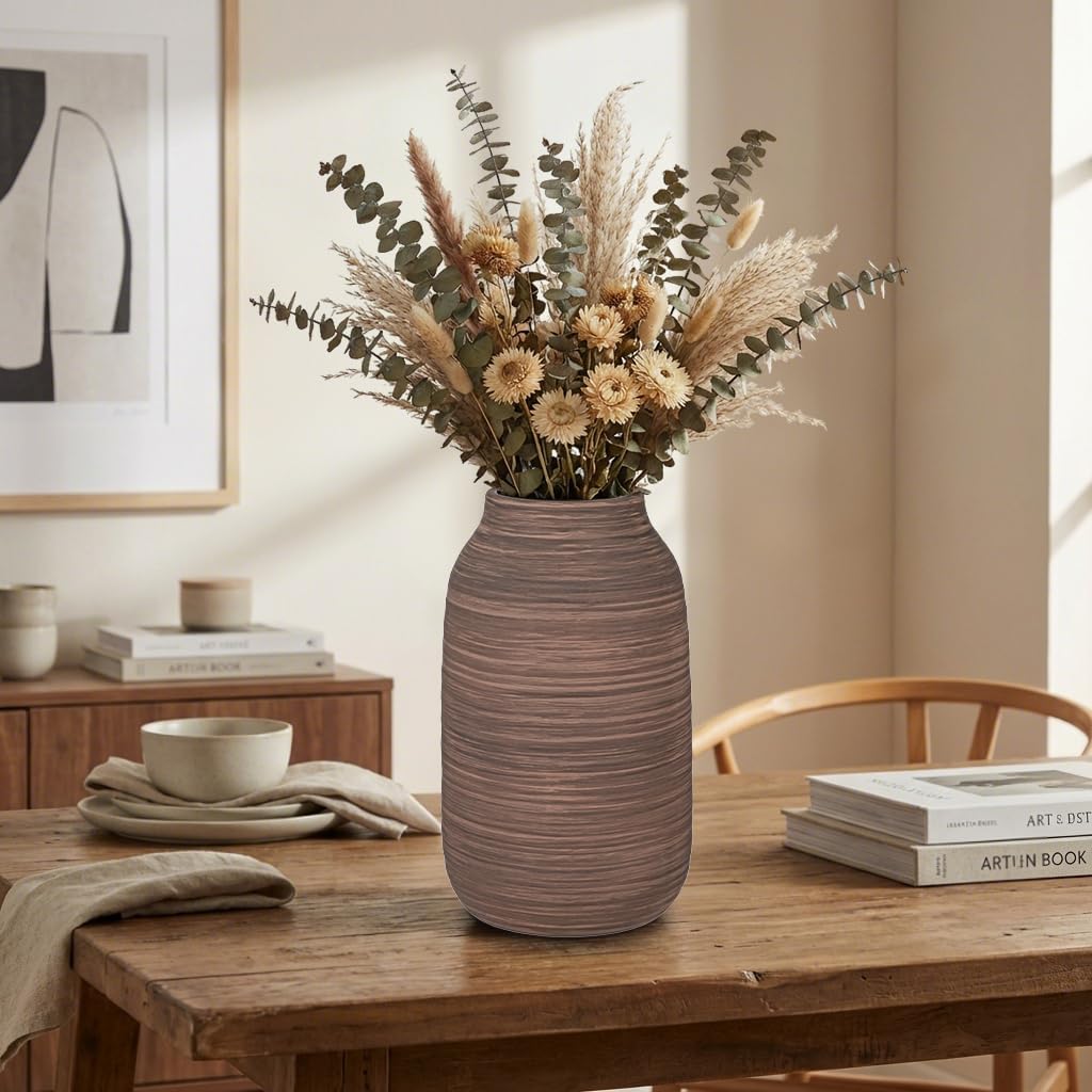 Briful Ceramic Vase for Home Decor, Rustic Brown Textured Decorative Vase for Pampas Grass, Modern Farmhouse Vase for Living Room Coffee Table, Dining Table Centerpiece, Entryway & Shelf (9.8” Tall)