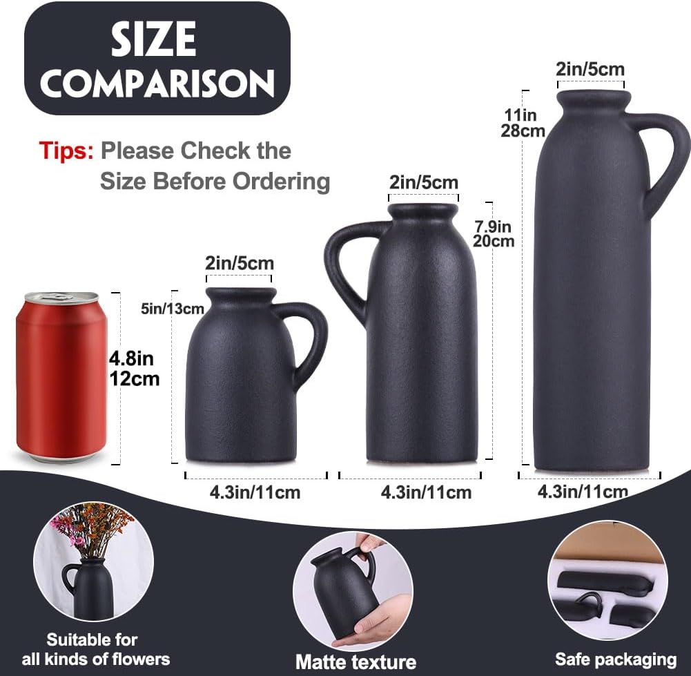 Black Ceramic Vase Set - 3 Small Matte Black Jug Vases, Farmhouse Country Flower Vase Home Decor, Living Room Decoration, Table Decoration, Fireplace Decor, and Entrance Decorations Centerpieces