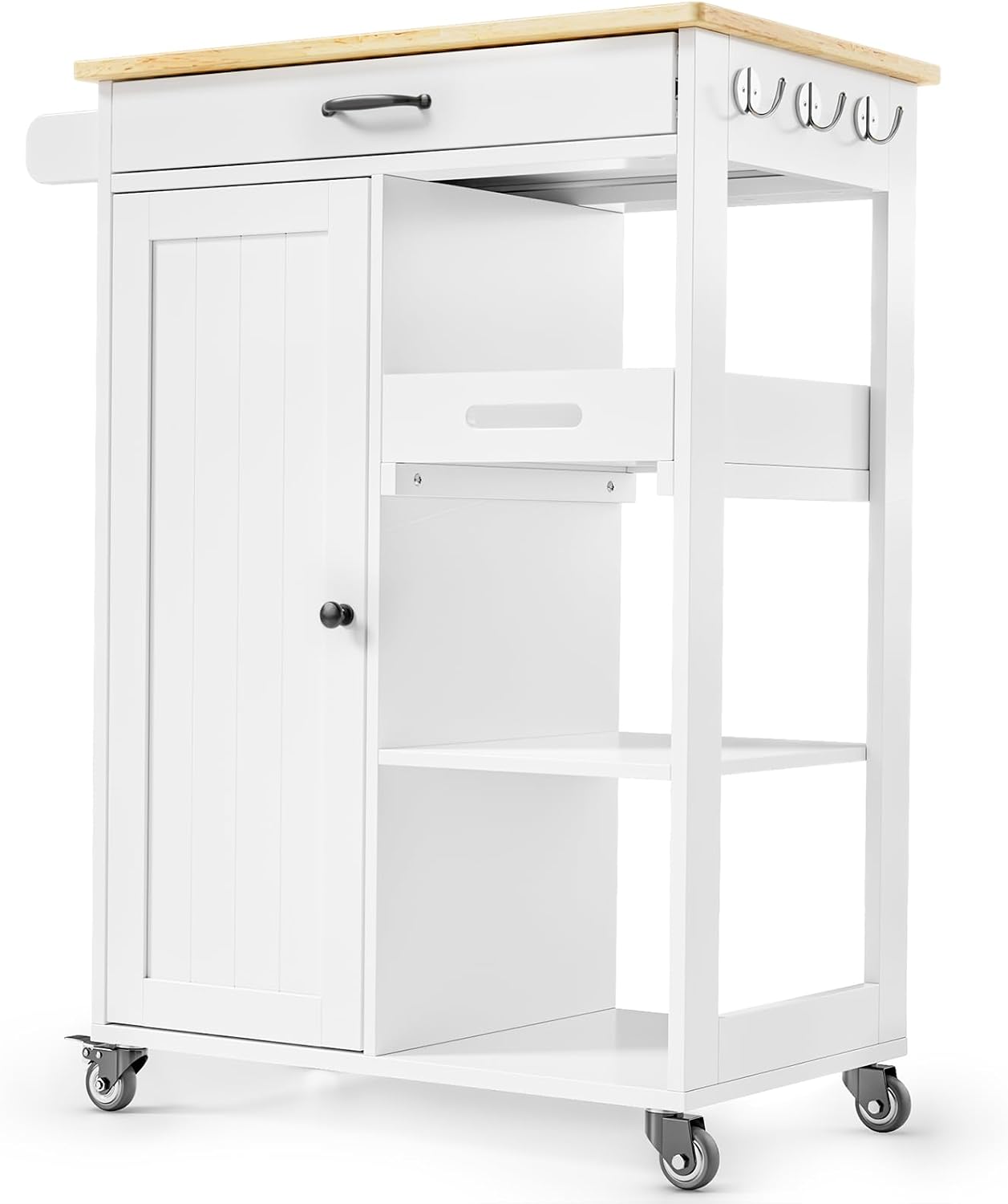 Gizoon Kitchen Island Cart with Storage Cabinet & Removable Tray | 27.6''W Mobile Kitchen Cart with Drawer, Towel Rack, 3 Hooks, 3 Open Shelves, Utility Trolley Cart for Dining Room, White