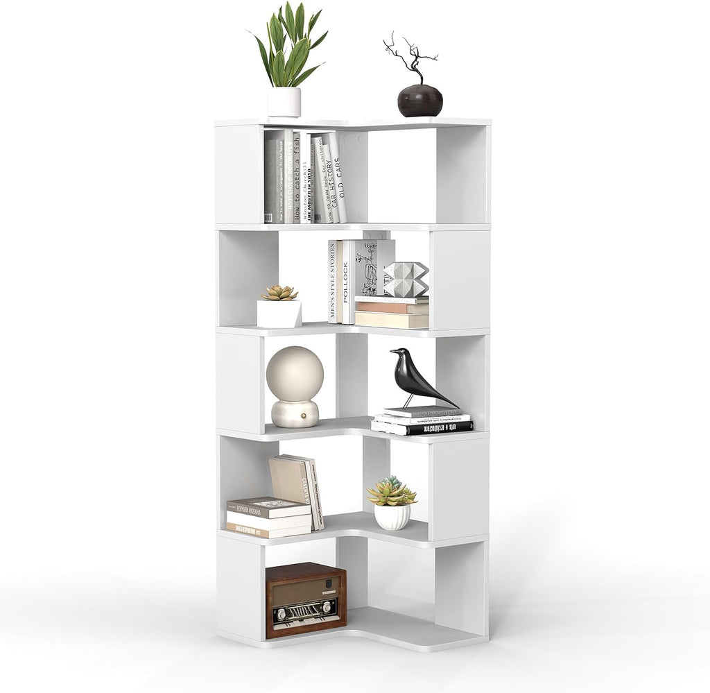 6-Tier Corner Bookshelf, 66" Tall L-Shaped Corner Shelf with Anti-Fall Baffles for Living Room Decor, Heavy Duty Wooden Bookcase Display Rack for Home Office Storage,White