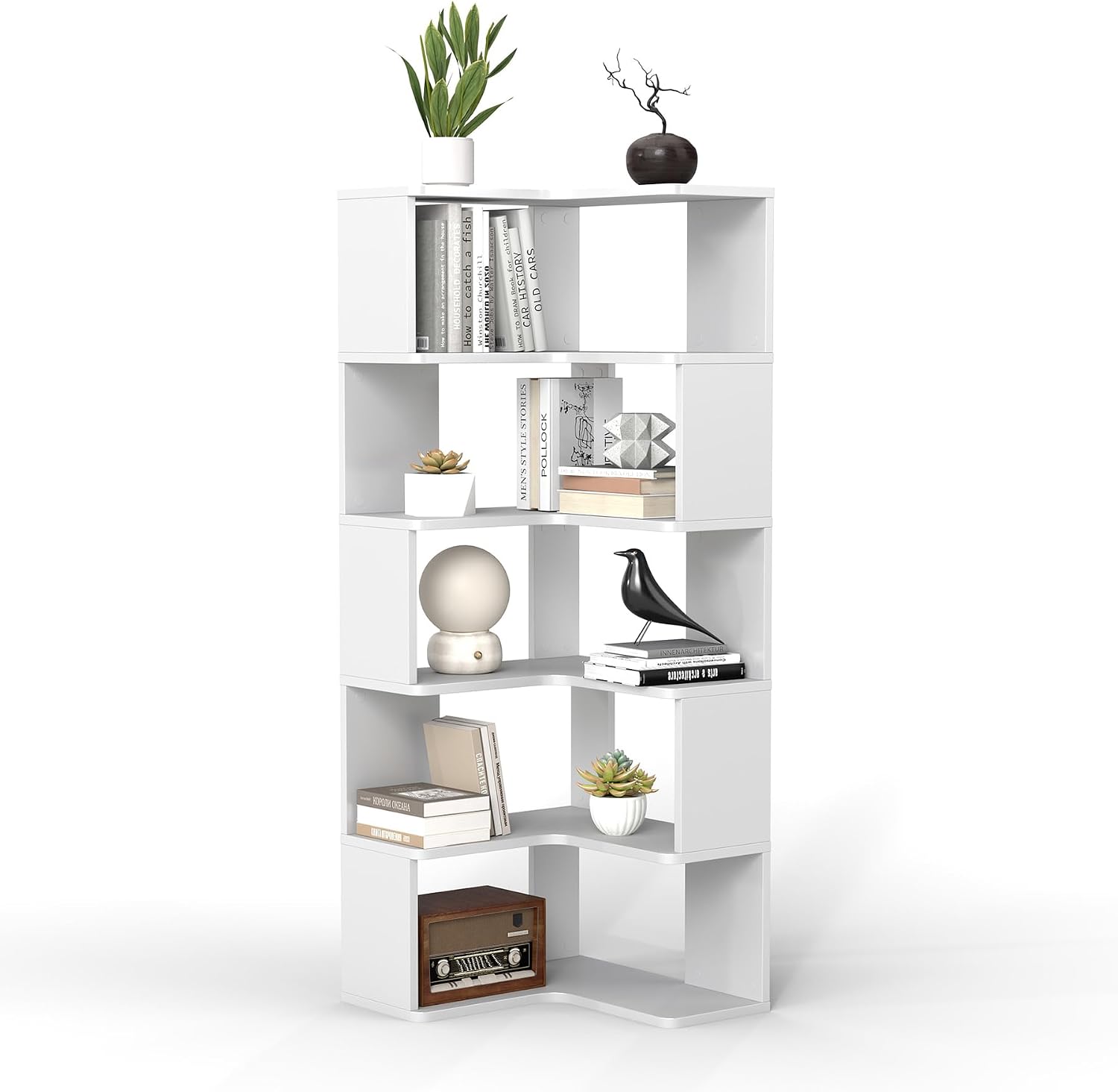6-Tier Corner Bookshelf, 66" Tall L-Shaped Corner Shelf with Anti-Fall Baffles for Living Room Decor, Heavy Duty Wooden Bookcase Display Rack for Home Office Storage,White