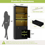 Cyclysio 80" Tall Pantry Cabinet with Motion Sensor LED Lights, Kitchen Storage Cabinet for Coffee Bar and Dining Room, Tall Bookshelf with 3.15" Baseboard Cutout, Drawer and Cupboard, Black
