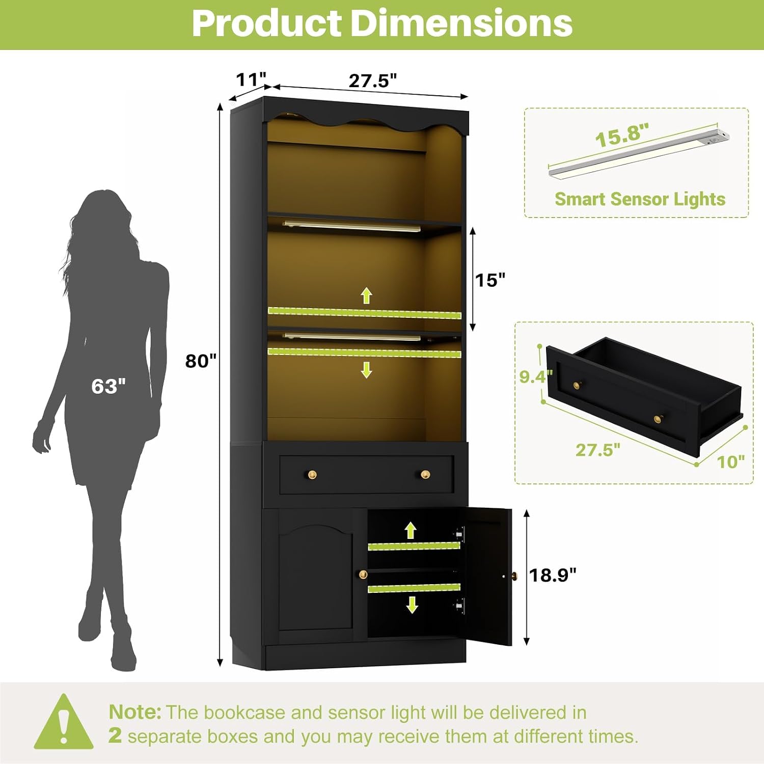 Cyclysio 80" Tall Pantry Cabinet with Motion Sensor LED Lights, Kitchen Storage Cabinet for Coffee Bar and Dining Room, Tall Bookshelf with 3.15" Baseboard Cutout, Drawer and Cupboard, Black