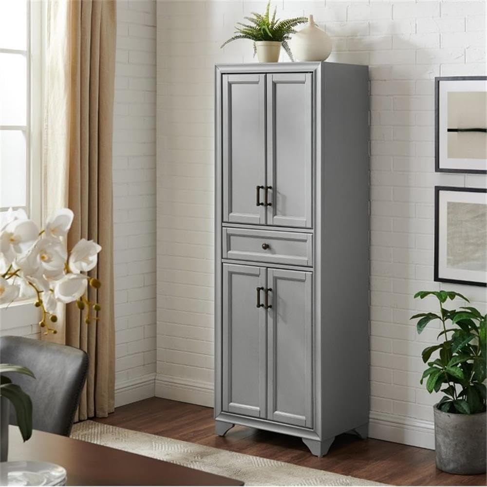 MAKLAINE Traditional Wood 4 Door Pantry, 67.75" H x 23.75" W x 15" D, MDF and Rubberwood, Distressed Gray/Black Finish, Adjustable Shelves, Full-Extension Drawer, Modern Farmhouse Kitchen Storage