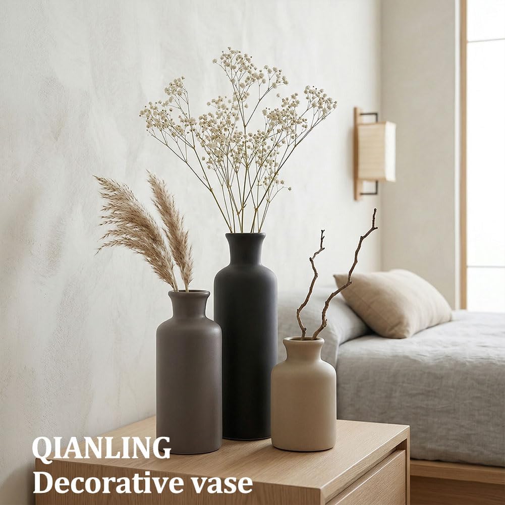 Ceramic Vase Set of 3 - Modern Neutral Vases for Home Decor Rustic Farmhouse Decor Pampas Vase for Table Mantel Entryway Shelf Living Room Kitchen Bathroom