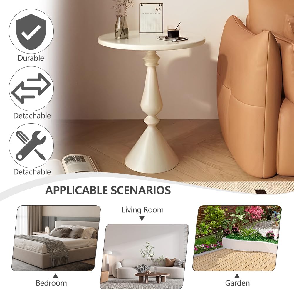 Round Side Table, Vintage Metal Drink Small Side Table, Weighted Base Sofa Side Tables for Living Room Bedroom Corner Small Space (Beige)