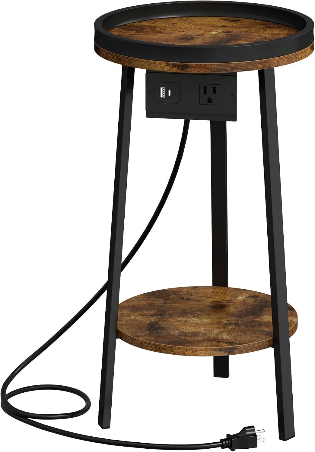 Industrial Round End Table with Charging Station,2-Tier Side Table with AC Outlet & USB Port, Sofa Side Table with Storage Shelf for Small Spaces, Living Room, Bedroom, Rustic Brown & Black