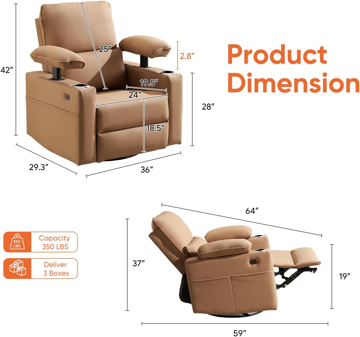 270° Swivel Rocker Recliner with Adjustable Armrests,Oversized Power Nursery Recliner with Heating and Massgae,Rocking Chair Nursery with One-Touch Reset,Double Cup Holder,Faux Leather,Brown