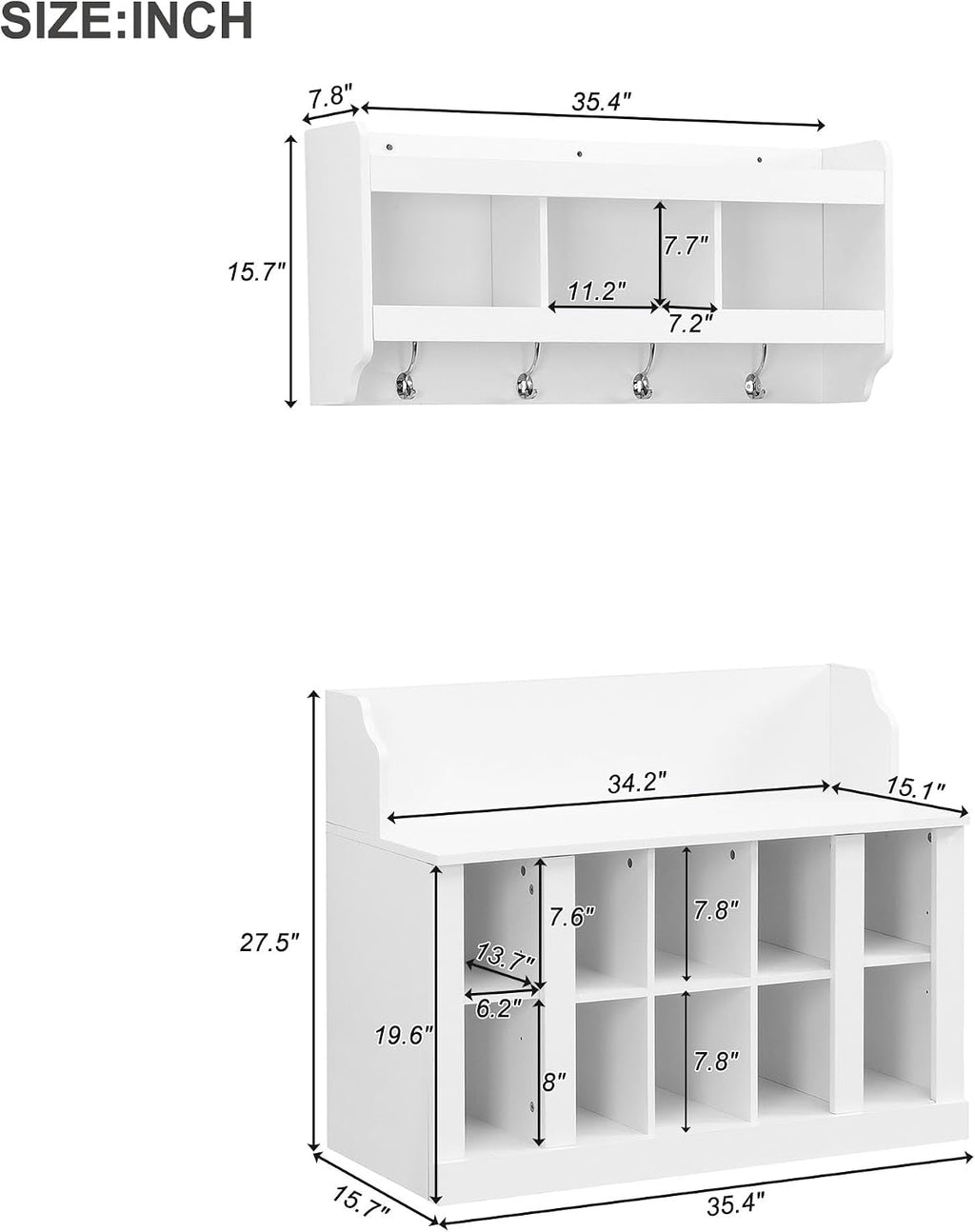 Shoe Storage Bench with Shelves and 4 Hooks, Elegant Hall Tree with Shoes Cubbies and Wall Mounted Coat Rack, Entryway Organizer For Hallway, Foyer, Mudroom, White