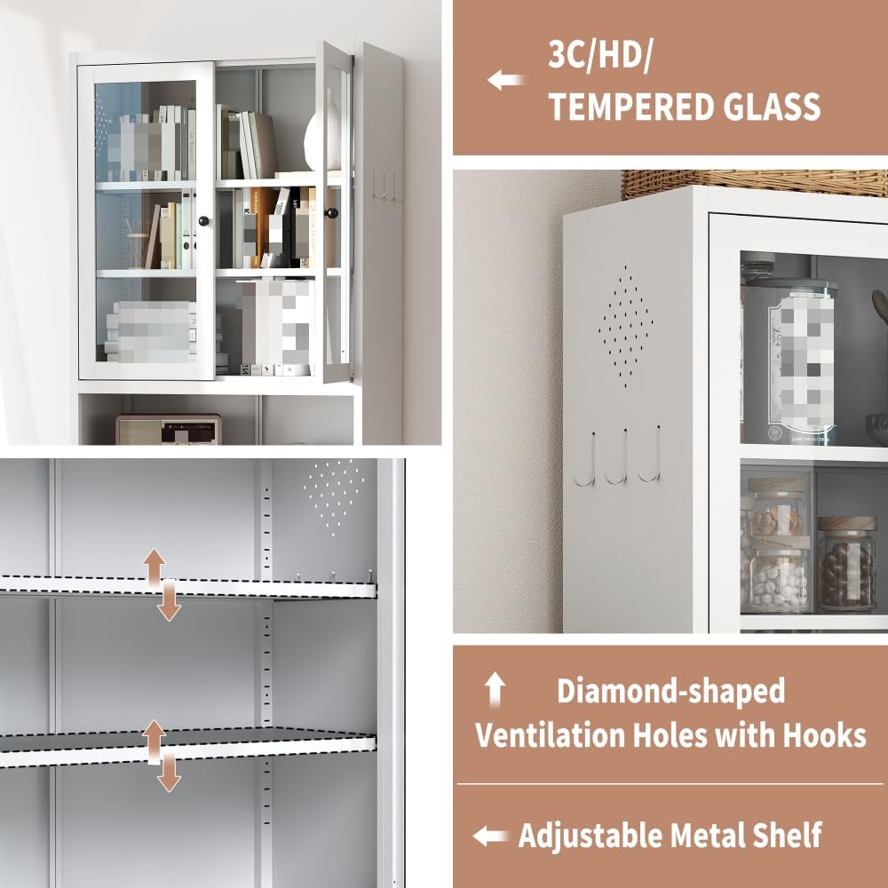 Metal Storage Pantry Cabinet 72" Tall, White Freestanding Organizer with Adjustable Shelves for Kitchen, Bathroom, Laundry Room (White A)