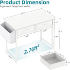 CAIYUN Small White Desk with Fabric Drawers for Bedroom, 31 Inch Home Office Desk with Side Pocket and Hook for Small Space, Makeup Vanity Desks Kid’s Desks to Writing Made of Wood and Metal, White