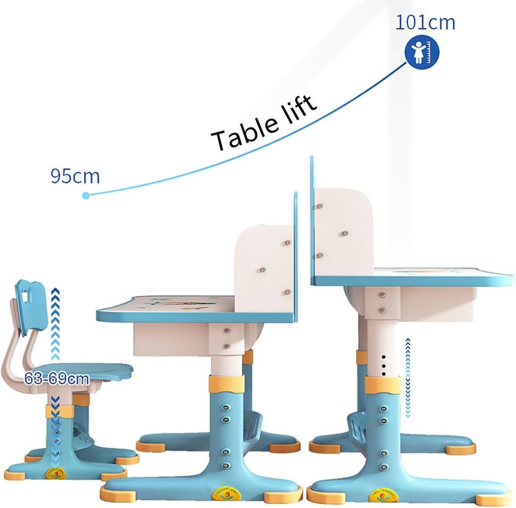 Kids Functional Desk and Chair Set,Children Learning Desk,Cartoon Pattern,Height Adjustable Height Study Table with Drawer,Desk for Kids with Tiltable Desktop,Storage Drawer for Boys Girls