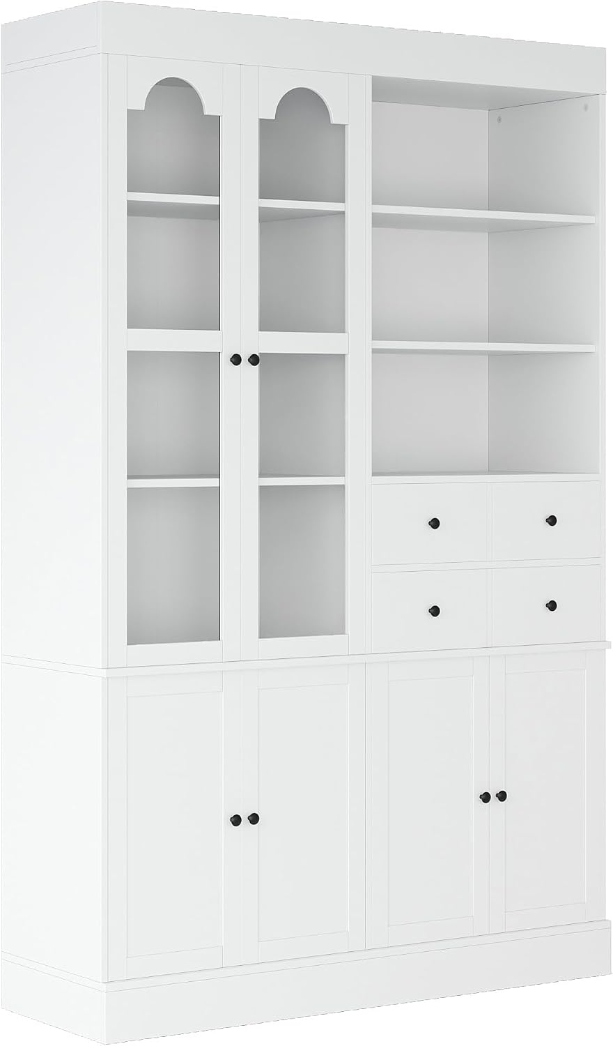 Freestanding Tall Kitchen Pantry Cabinet with 4 Drawers, Door Shelves and Pull-Out Trays, Wood Buffet Cabinet with Hutch with Hutch (White)