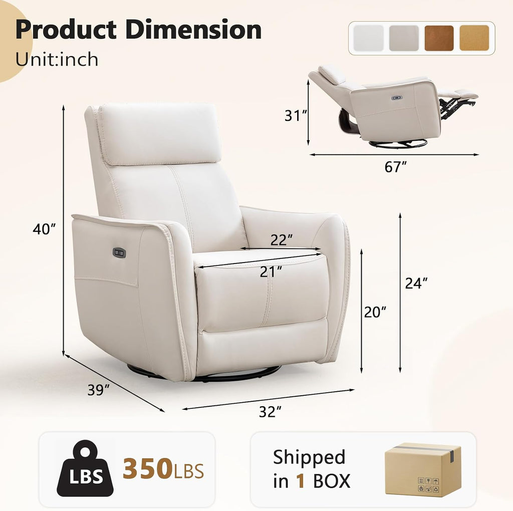 HAOMARKETS Electric Swivel Rocker Recliner Chair, Power Faux Leather Glider Rocking Recliners for Adults,360° Swivel Nursery Reclining Sofa with USB Charging Port, White