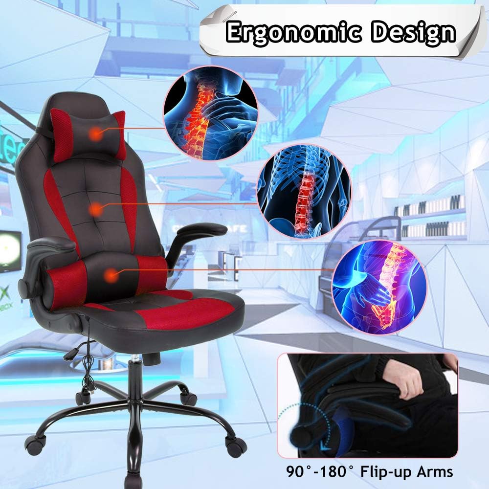 Massage Gaming Chair Ergonomic Office Chair High Back Desk Chair PU Leather Executive Chair with Lumbar Support Headrest Armrest PC Racing Computer Chair Task Rolling Swivel Chair, Red