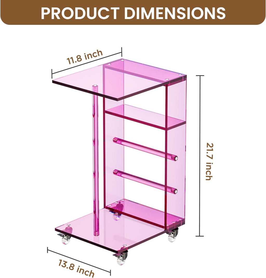 Dethan Clear Acrylic C Shaped Side Table with Wheels – Small Modern End Table, Rolling Coffee Snack Table for Living Room, Bedroom, Sofa, Bedside, Pink