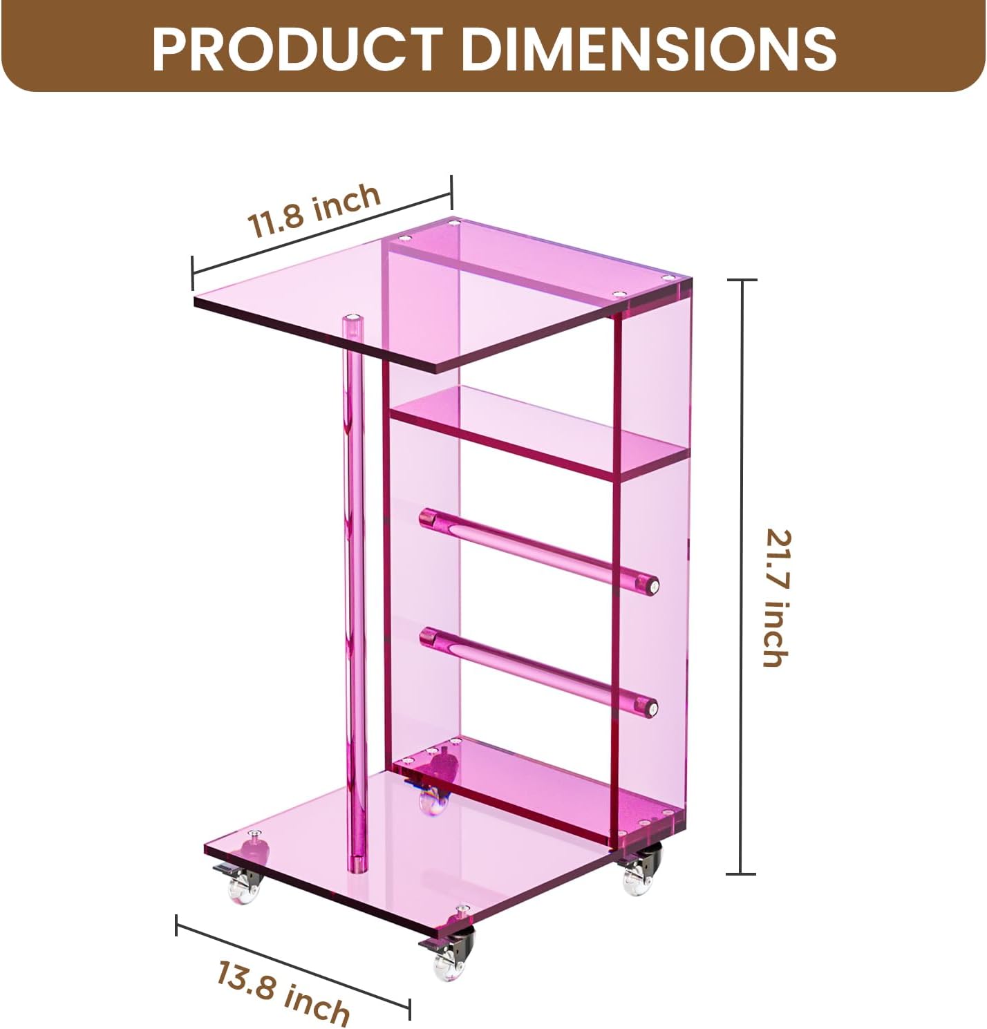 Dethan Clear Acrylic C Shaped Side Table with Wheels – Small Modern End Table, Rolling Coffee Snack Table for Living Room, Bedroom, Sofa, Bedside, Pink