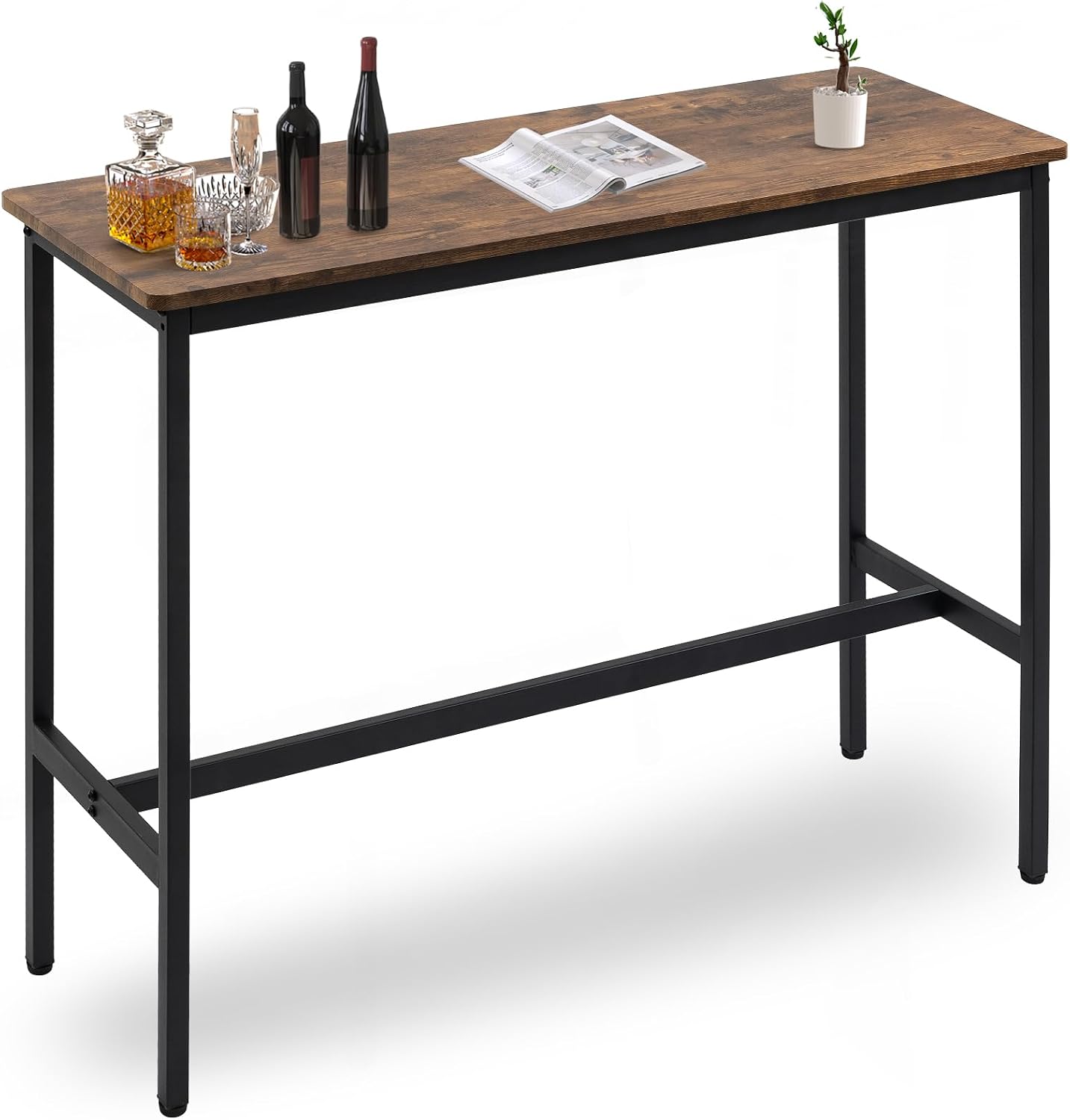 44.5" Bar Table, Pub Table with Adjustable Feet Floor Protector, Narrow Rectangular Kitchen Counter Bar Tables, Sofa High Top Tables with Black Metal Legs, Rustic Brown