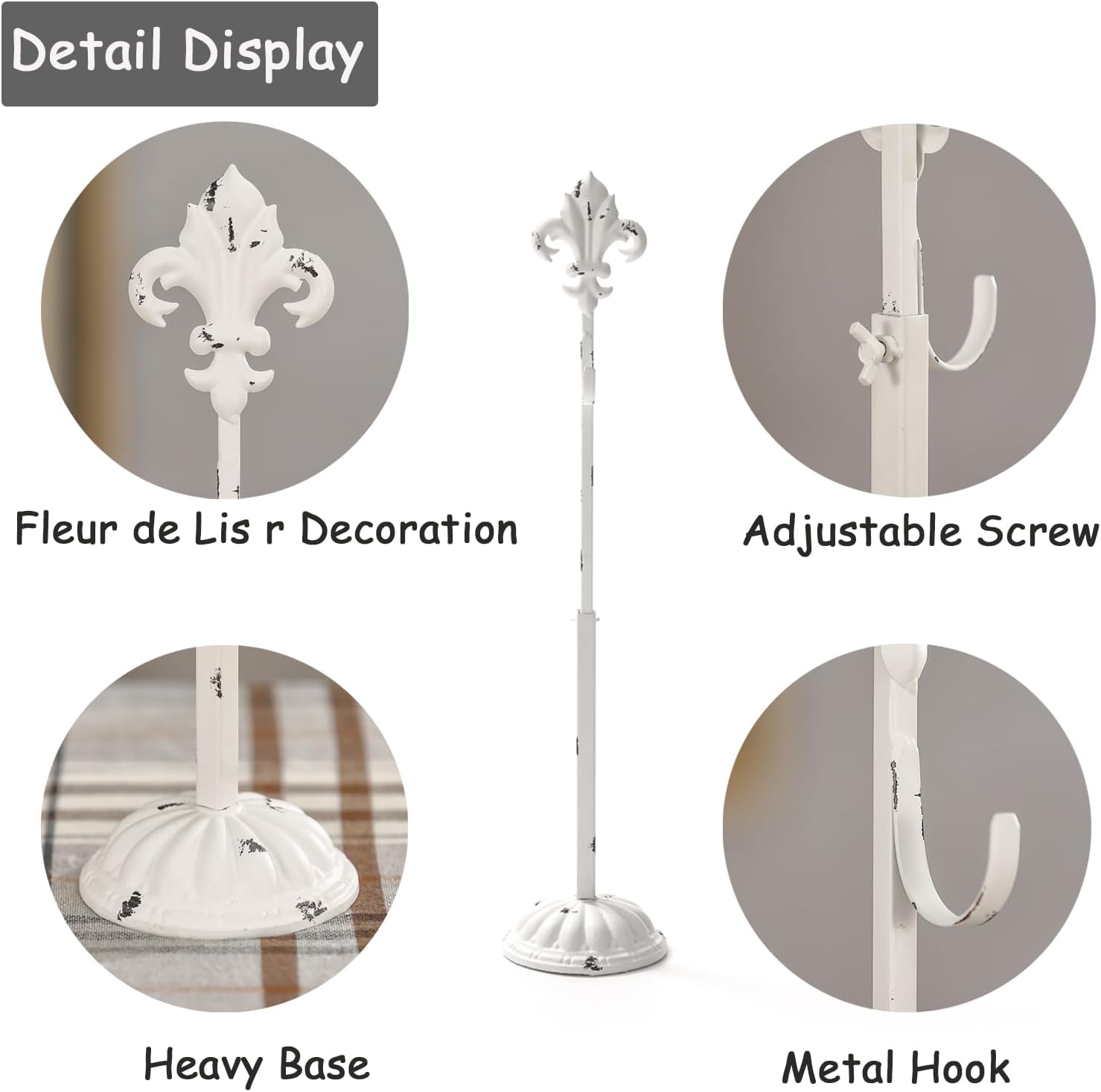 Wreath Stands for Display, Adjustable Wreath Holder Stand, Cast Iron White Retro Wreath Hanger 18" to 26" with Heavy Base, Fleur-De-Lis Tall Floor and Tabletop Christmas Wreath Stands