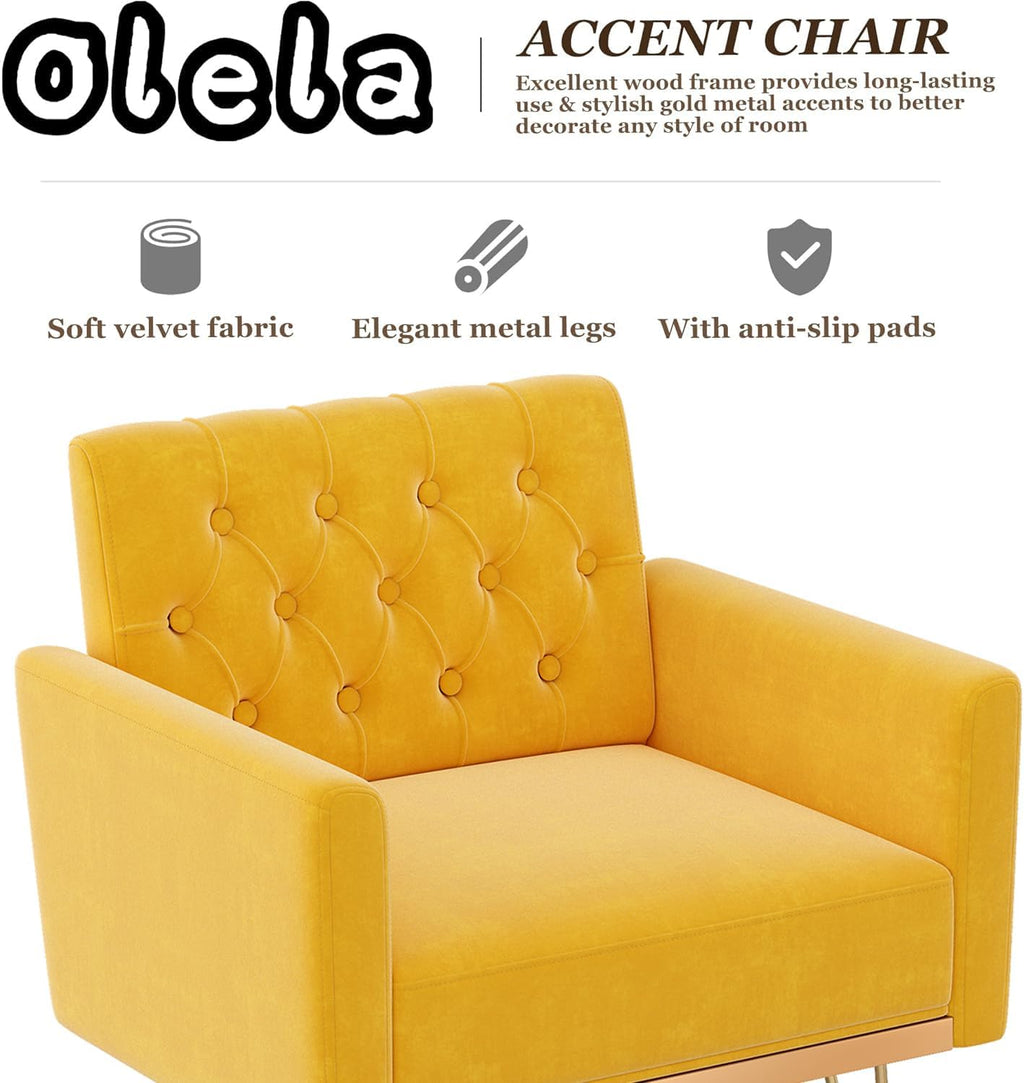 Olela Velvet Accent Chair with Arm for Living Room,Modern Armchair Single Sofa Cozy Tufted Upholstered Reading Side Chairs with Gold Metal Leg for Bedroom Decorate(1, Mustard Yellow)
